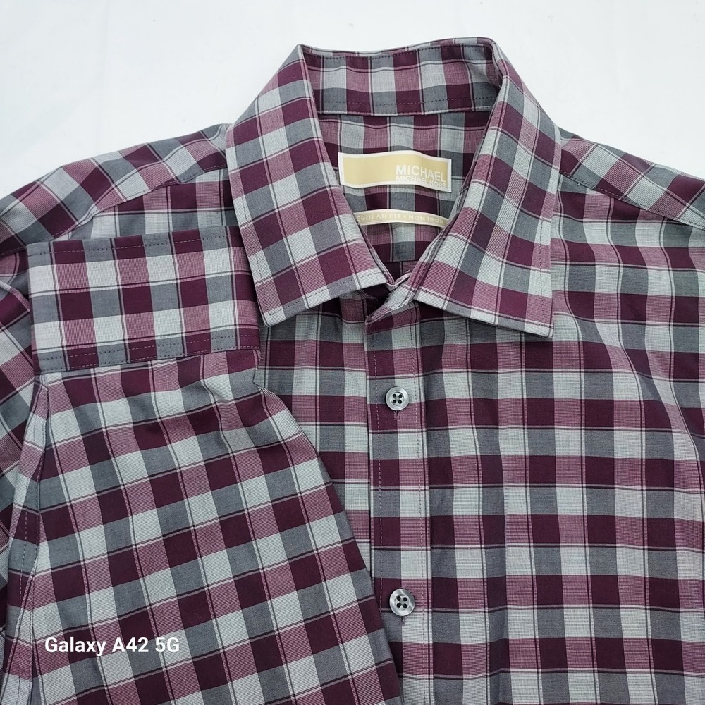 Michael Kors Mens Regular Fit Non Iron Plaid Dress Shirt Burgundy Grey 16‎ 34/35